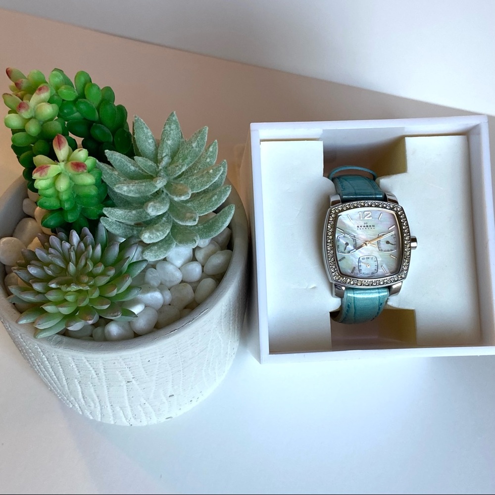 Skagen Mother of Pearl & Crystal Watch with Turquoise Crocodile Band - Picture 11 of 11